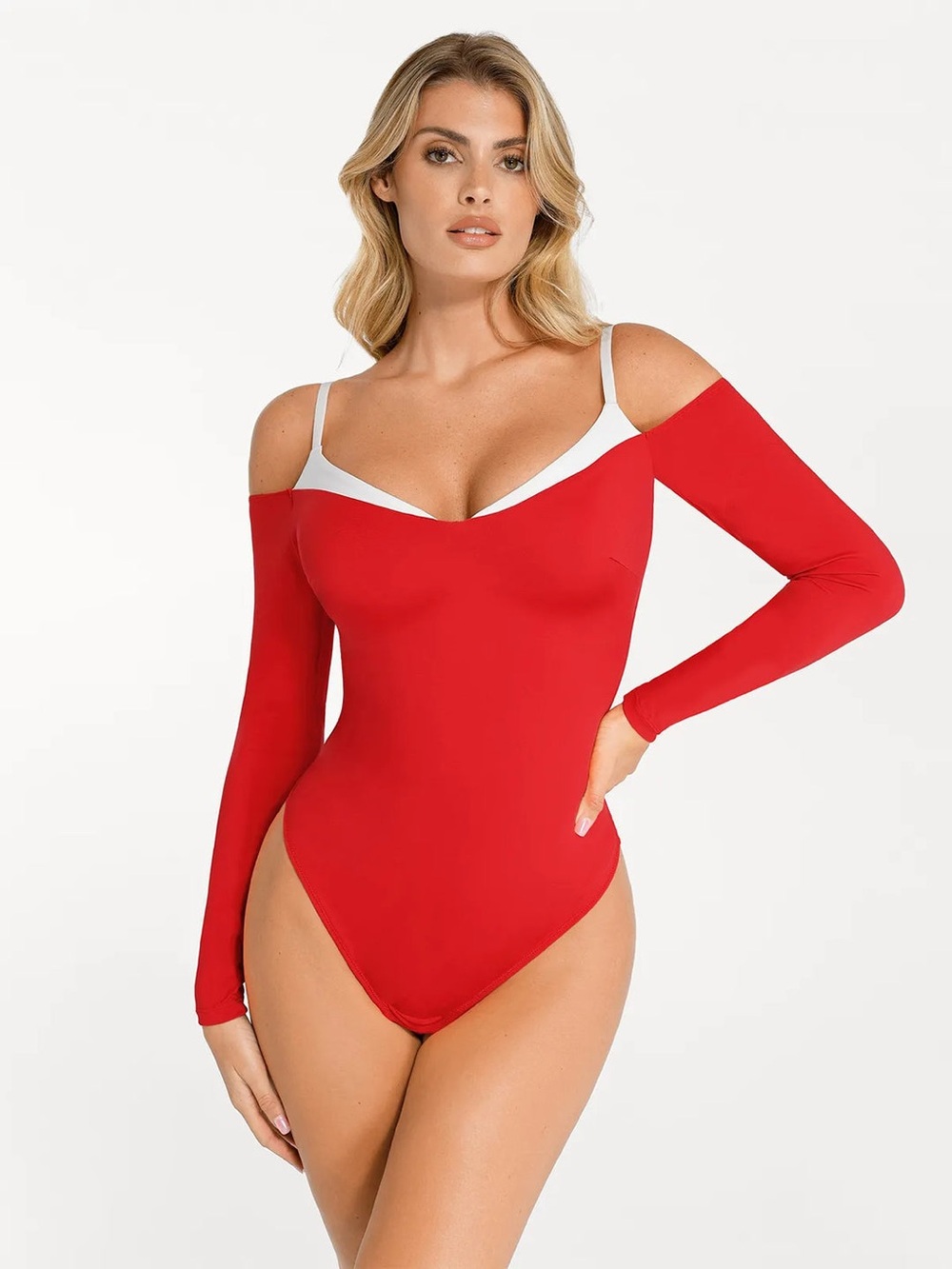Popilush Shapewear Long Sleeve Cold Shoulder Tummy Control Bodysuit